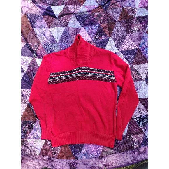 Tommy Hilfiger Sweater Boys 12/14 Med Red Fair Isle Nordic Shaw Collar - Picture 1 of 8
